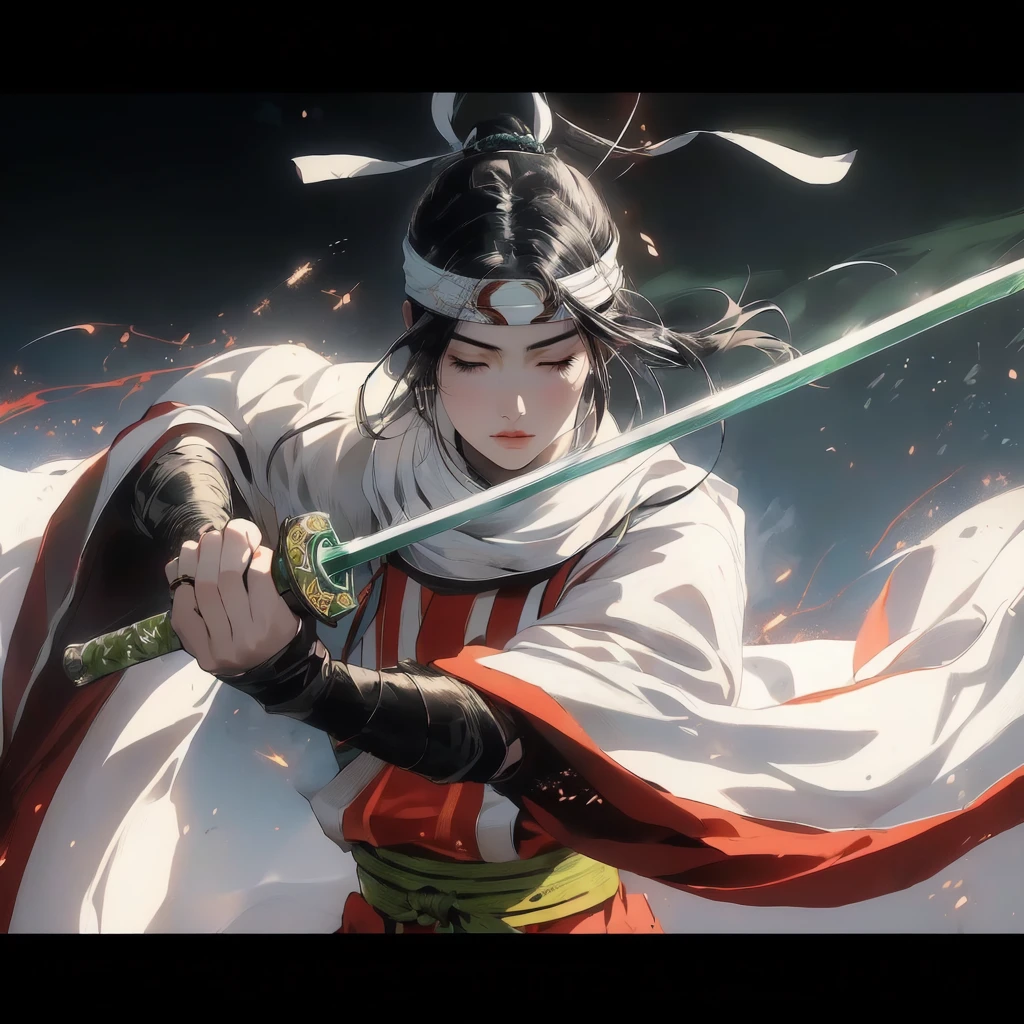 masterpiece, highest quality, 1 girl, closed eyes. Dynamic portrait of young Japanese warrior woman, facing right. Closed eyes, furrowed brows. Long black hair in high ponytail, loose strands framing face. White headband with green gem. Pale skin, pink cheeks and lips. White kosode, red hakama, green-yellow obi, dark arm wraps. Gripping katana diagonally, ornate green and gold hilt. Motion-filled pose, flowing clothing and hair. Dark, abstract background with no distinct objects or scenery. Hints of orange-red suggesting embers or energy, floating sparks. Dramatic lighting from upper left, creating rim light effect. Style blends traditional Japanese art with modern fantasy, emphasizing clean lines, movement, and power.
