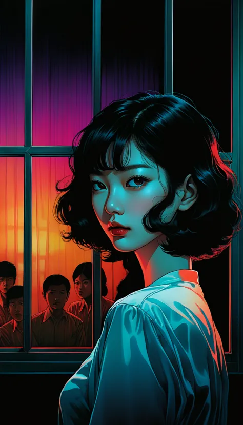 an illustration、art、80s thai horror movie poster, supervised by junji ito、(beauty:1.2)、window glass、night、attention to detail, r...