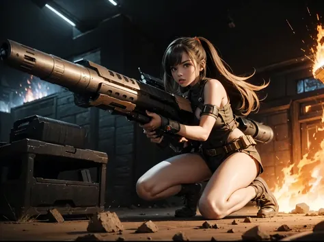 (((giant (((weapon)))))), and small sexy gal in future, large beem, bomb, show off detailed (((big gun))) on shoulder, ((attack ...