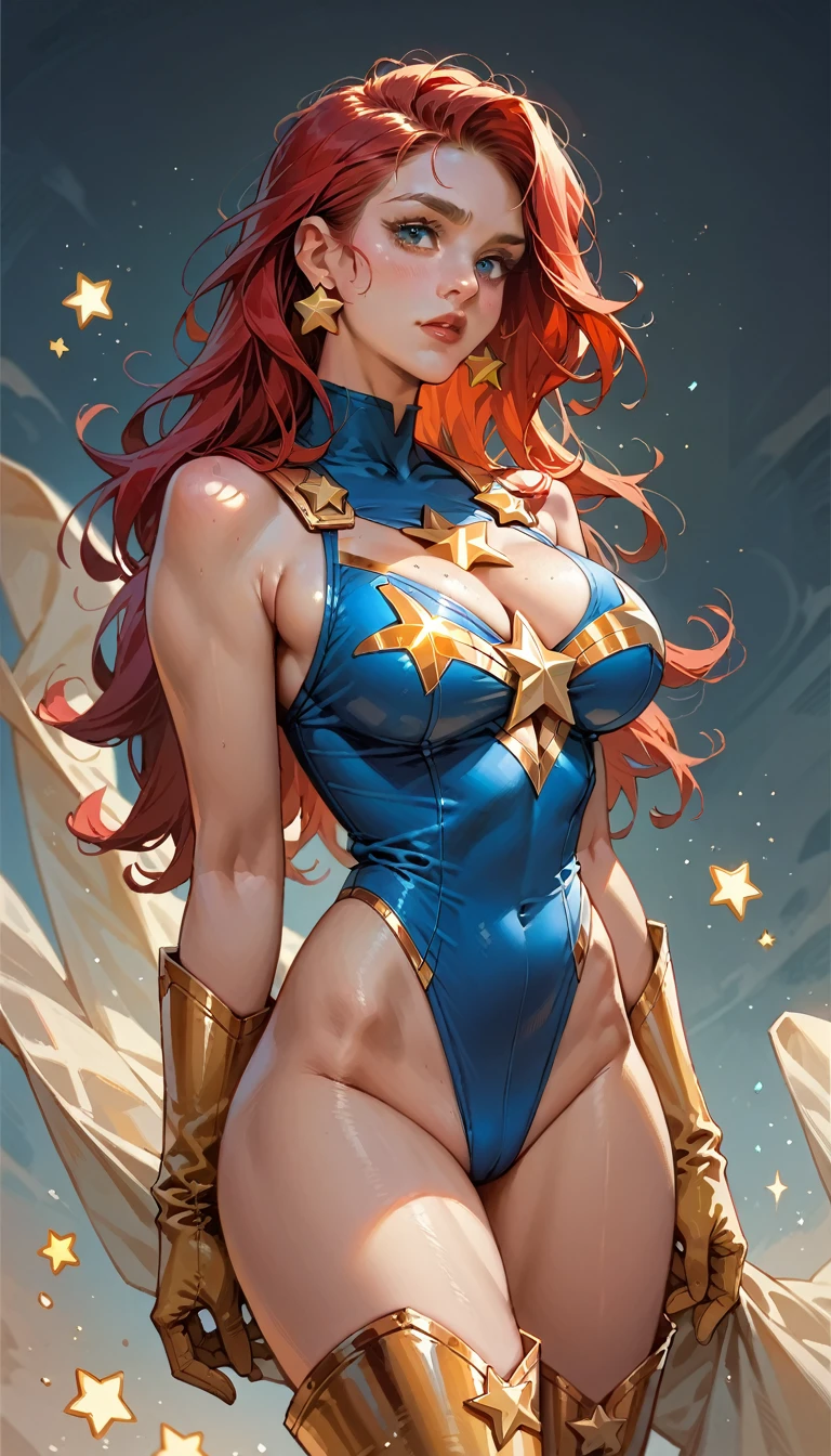 score_9, score_8_up, score_7_up, score_6_up, score_5_up, score_4_up, Sexy, Superheroine, Red hair, long hair, busty, curvy, ((blue highleg leotard with a t-back thong and a gold star insignia on chest)), gold boots, gold gloves