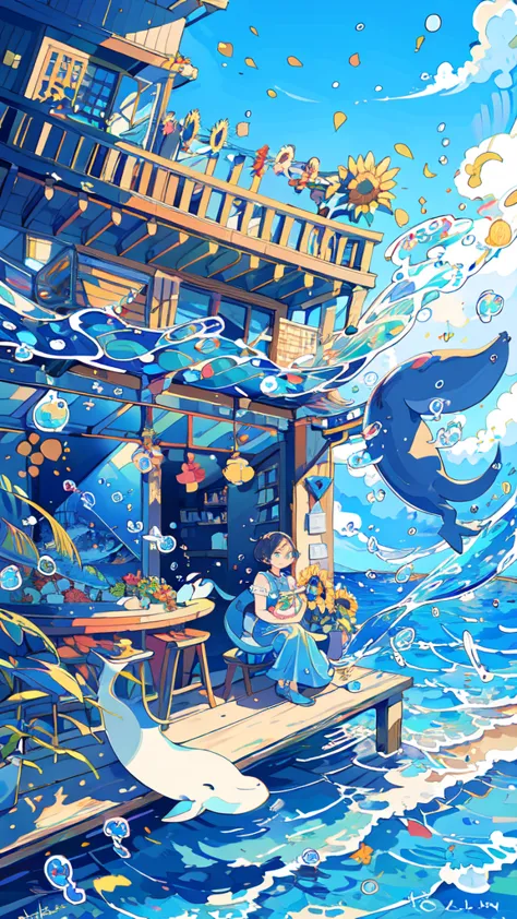 (masterpiece:1.2), best quality,pixiv, 
fairy tale style, fish, 1girl, flower, shark, bubble, cloud, sunflower, turtle, black ha...