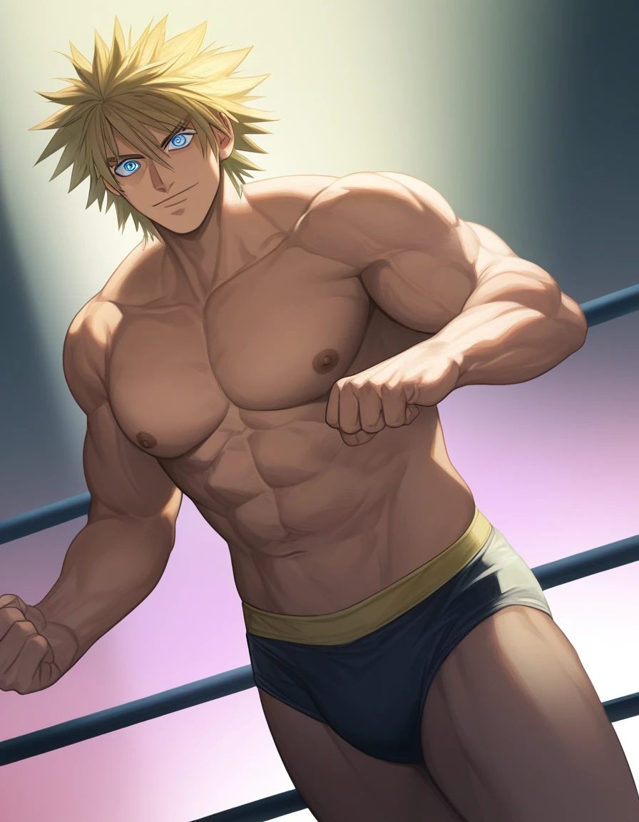 1guy, solid dude, gallant beau, blonde, tsurime, sanpaku, blue eyes, spiked hair, 24yo, heavy weight muscular, handsome wrestler, stocky waist, BREAK ideal ratio body proportions, sharp eyes, beautiful detailed eyes, toned body, elder chinpira, dark pupil, masculine playboy, builtfat, tough caucasian, BREAK solo, topless, black wrestling bikini, nipples, abs, fighting stance, on wrestling ring, detailed background, hollywood action, provocative smile, BREAK upperlegs focus, dramatic expression, 1990s, in capcom art style, in color comic style, in game illustration style, depth of field, dutch angle, cinematic shadows, cinematic lighting, lens flare, light leaks, VHS Quality, texture, absurdres absolutely resolution, extreme all detailed, greatest painting, BREAK masterpiece, best quality, BREAK score_9, score_8_up, score_7_up, source_anime, rating_safe, score_6_up, score_5_up, score_4_up 