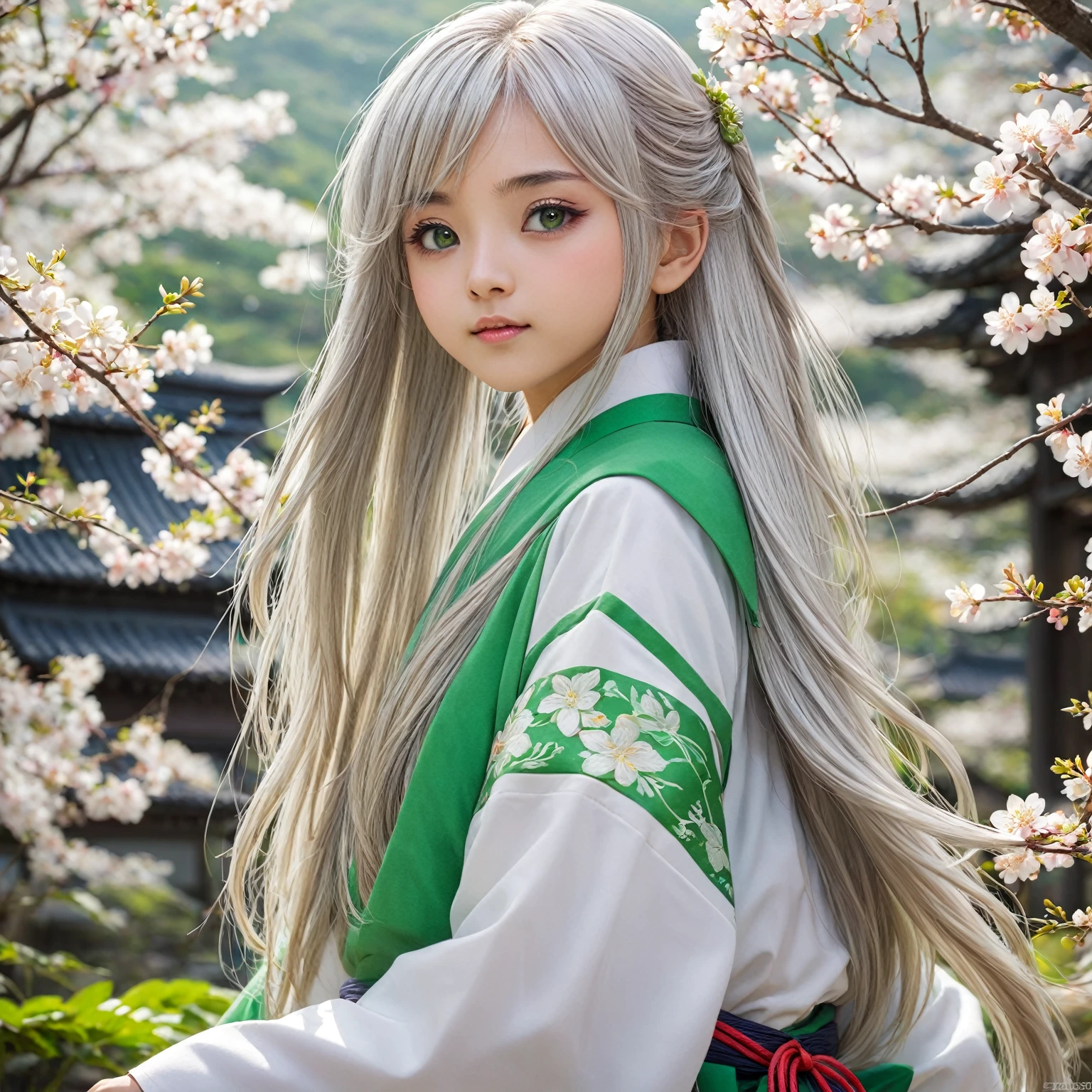 High definition、A pure and beautiful young girl in a shrine maiden's outfit、１５age～１８age、Long silver hair, half green、Full body portrait、Long-hemmed outfit、Large opal eyes、Powerful eyes、Flowers sprout from beneath your feet