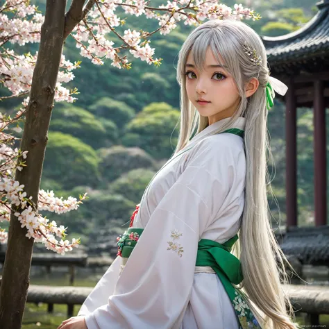 high definition、a pure and beautiful young girl in a shrine maiden's outfit、１５age～１８age、long silver hair, half green、full body p...