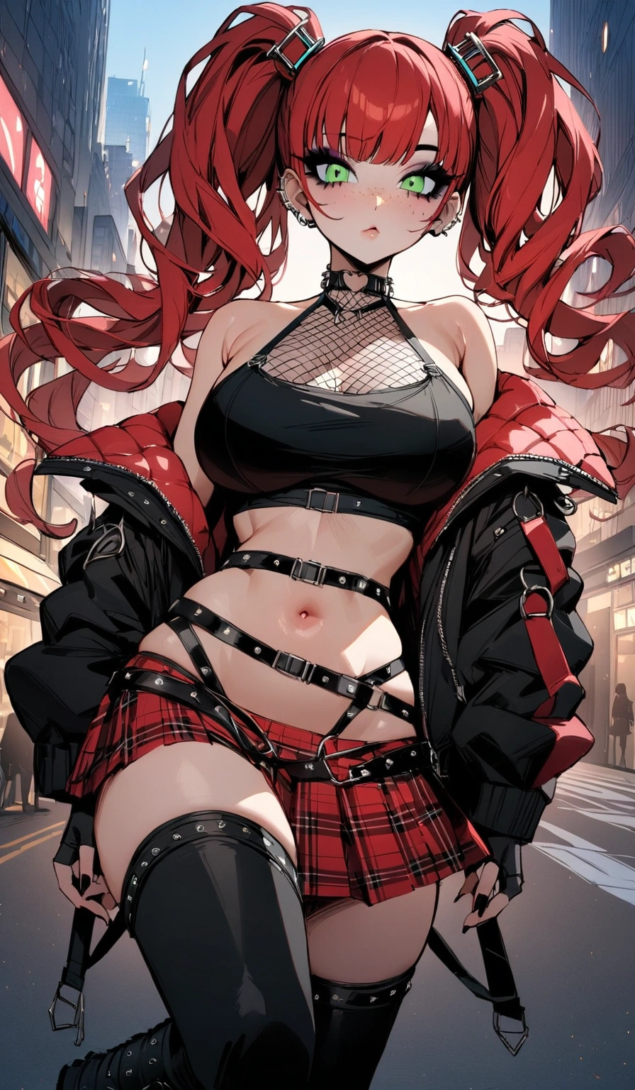 woman, curly red hair in pig tails, green eyes, black eyeshadow, wearing crop top black shirt, long black jacket, red plaid skirt, black knee high boots, black fingerless gloves, exposed shoulders, large breasts, freckles, looking at viewer, masterpiece, best quality, Holo-Punk Style, in the city, make up, eyelashes, fishnet undershirt