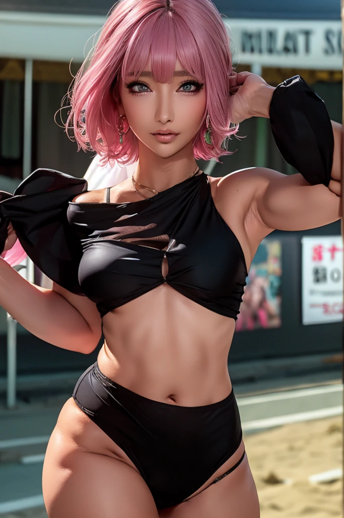 (Highest quality), Realistic, Gal playing beach volleyball,Seaside,Full body,From below,Black Swimsuit(See-through,Bikini with small fabric,Smaller bikini,Big Breasts,横とFrom below胸が見えます,Sweat in the valley,Wet body,Masterpiece,Accurate human anatomy,Realistic expression,,Skimpy clothing,(short hair,Sharp bangs)Black panties,Fleshy crotch,(((Highest quality,Highest quality,8k images)))Pink Hair,