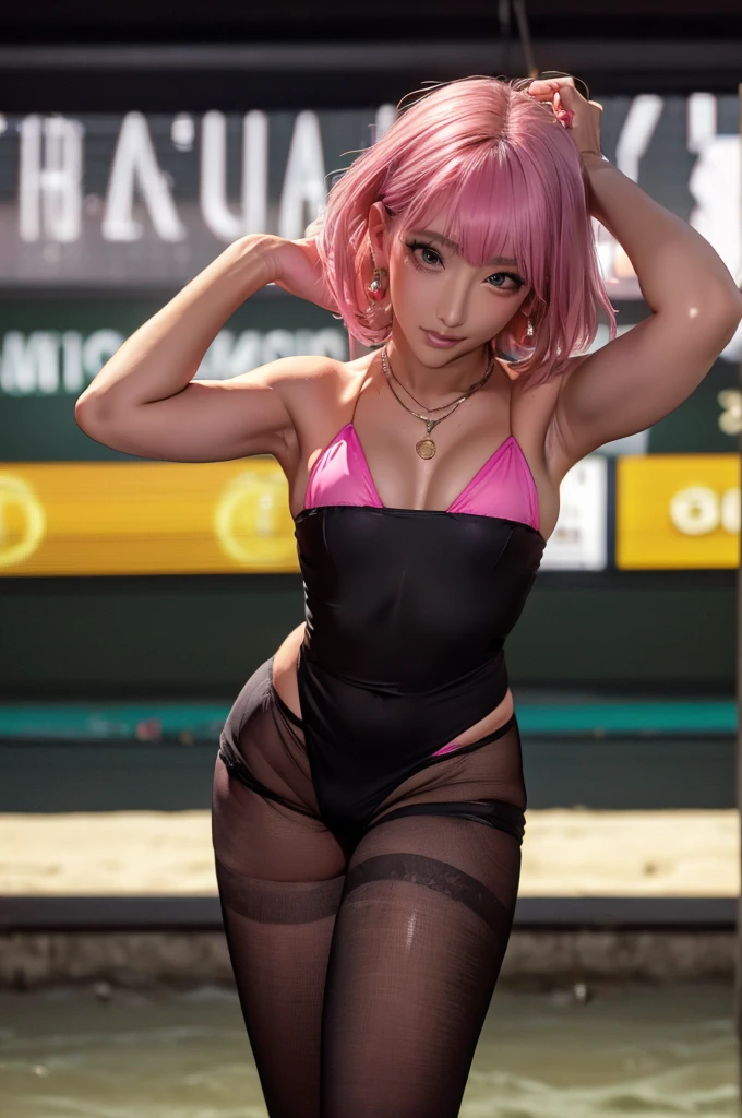 (Highest quality), Realistic, Gal playing beach volleyball,Seaside,Full body,From below,Black Swimsuit(See-through,Bikini with small fabric,Smaller bikini,Big Breasts,横とFrom below胸が見えます,Sweat in the valley,Wet body,Masterpiece,Accurate human anatomy,Realistic expression,,Skimpy clothing,(short hair,Sharp bangs)Black panties,Fleshy crotch,(((Highest quality,Highest quality,8k images)))Pink Hair,