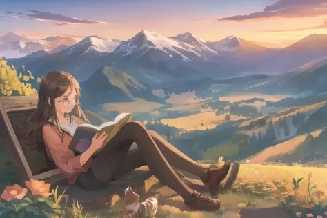 girl in glasses,i read a book,mountains in the countryside,sunset,cat