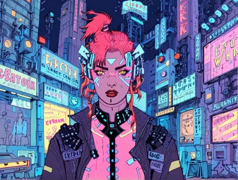 (a girl with a beautiful face), night time, cyber punk city, tenebrosa, raining, neon lights , (josan gonzález ,neon night), cyb...