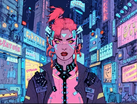 (a girl with a beautiful face), night time, cyber punk city, tenebrosa, raining, neon lights , (josan gonzález ,neon night), cyb...