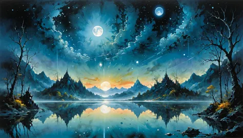 breathtaking art in the style of eiichiro oda, (a mirror lake reflecting not the sky, but vast, unexplored galaxies:1.1), under ...