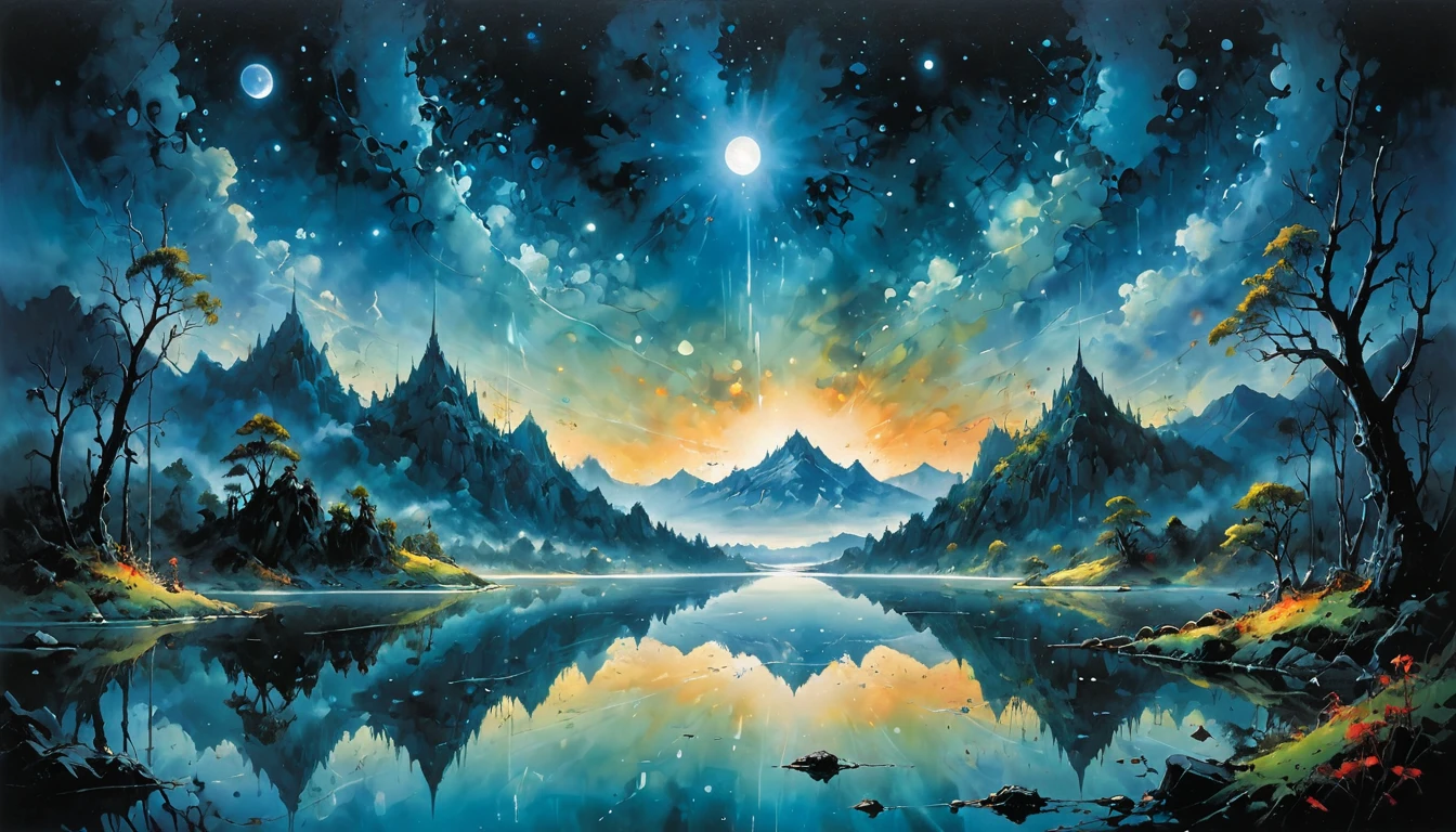 Breathtaking art in the style of Eiichiro Oda, (a mirror lake reflecting not the sky, but vast, unexplored galaxies:1.1), under the eerie glow of a zombie star.  