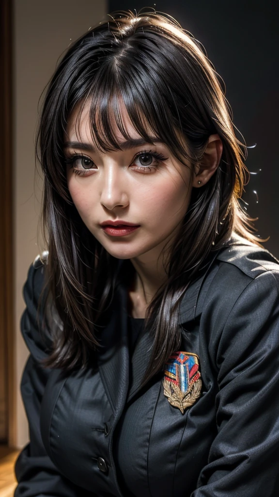 ((Beautiful Face:1.2)), (Purelos Face_v1: 1.0), Half Body,(Highest Resolution, clear_image) Highest quality, Single, One Woman, alone, masterpiece, Very detailed, (realistic), Black short hair, Black Hair, bangs, mature, ((JSDF uniform)), Indoor Background, kind, Authoritative, Powerful, Exquisite facial features, Exquisite facial features,((Natural big breasts:1.2))