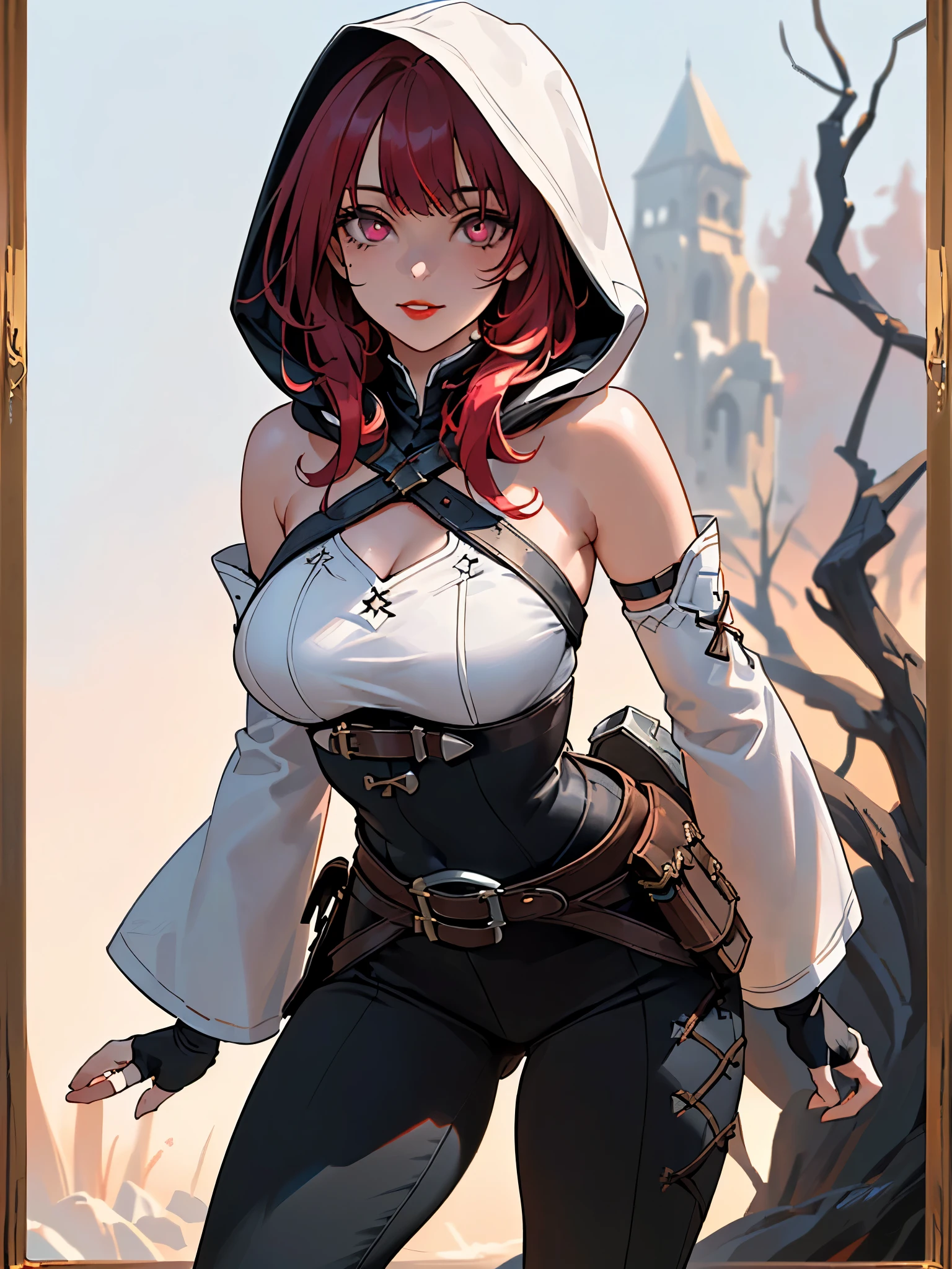 SFW (masterpiece, best quality, 32k) anime woman with short red hair ((dark red hair, bangs, diagonal bangs, straight bangs, straight hair)), ((pink eyes, detailed eyes)), ((youthful face, beautiful face, cute face, innocent face, pretty face, naive face)), ((pale skin, porcelain skin, white skin, smooth skin)), ((eyeliner, eyeshadow, lipstick, light makeup)), outside, outdoors, forest, glade, trees, grass, sky, clouds, shadow, simple background, standing, confident pose, at-ease. ((Fantasy outfit, medieval outfit, medieval fantasy outfit, thief, rogue, bard, Spellthief, black mage, warrior, loose robe, shoulder cutout, bare shoulders, hooded robe, harness, chest harness, framed breasts, detached sleeves, fingerless gloves, belts, pouches, pants:1.5)), ((huge breasts, round breasts:2, heavy breasts:1.5, framed breasts)), ((slim:1.4, lithe:1.4, slender:1.4, thin:1.4, busty:1.2, buxom:1.2)), ((round hips, thin waist, waspish waist)), ((long legs, slender legs)), small smile ((full lips, red lips)), ((serene expression, calm expression, content expression)), open eyes, large eyes, expressive eyes, head-to-waist portrait, cinematics, color oil painting, cinematic lighting, ((extremely detailed face)), ((finely detailed face)), Extremely detailed eyes, finely detailed eyes, beautiful face, beautiful eyes, perfect lighting, depth of field, (realistic proportions), (good anatomy), ((solo:1.6)), ((1girl:1.6))