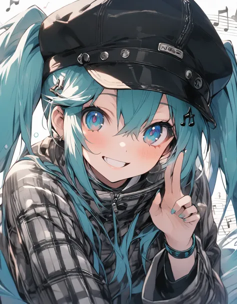 masterpiece、hatsune miku、twin tail、 musical note shaped hair ornament、wear a cap, plaid happi coat、smile、focus on the face,  ((m...