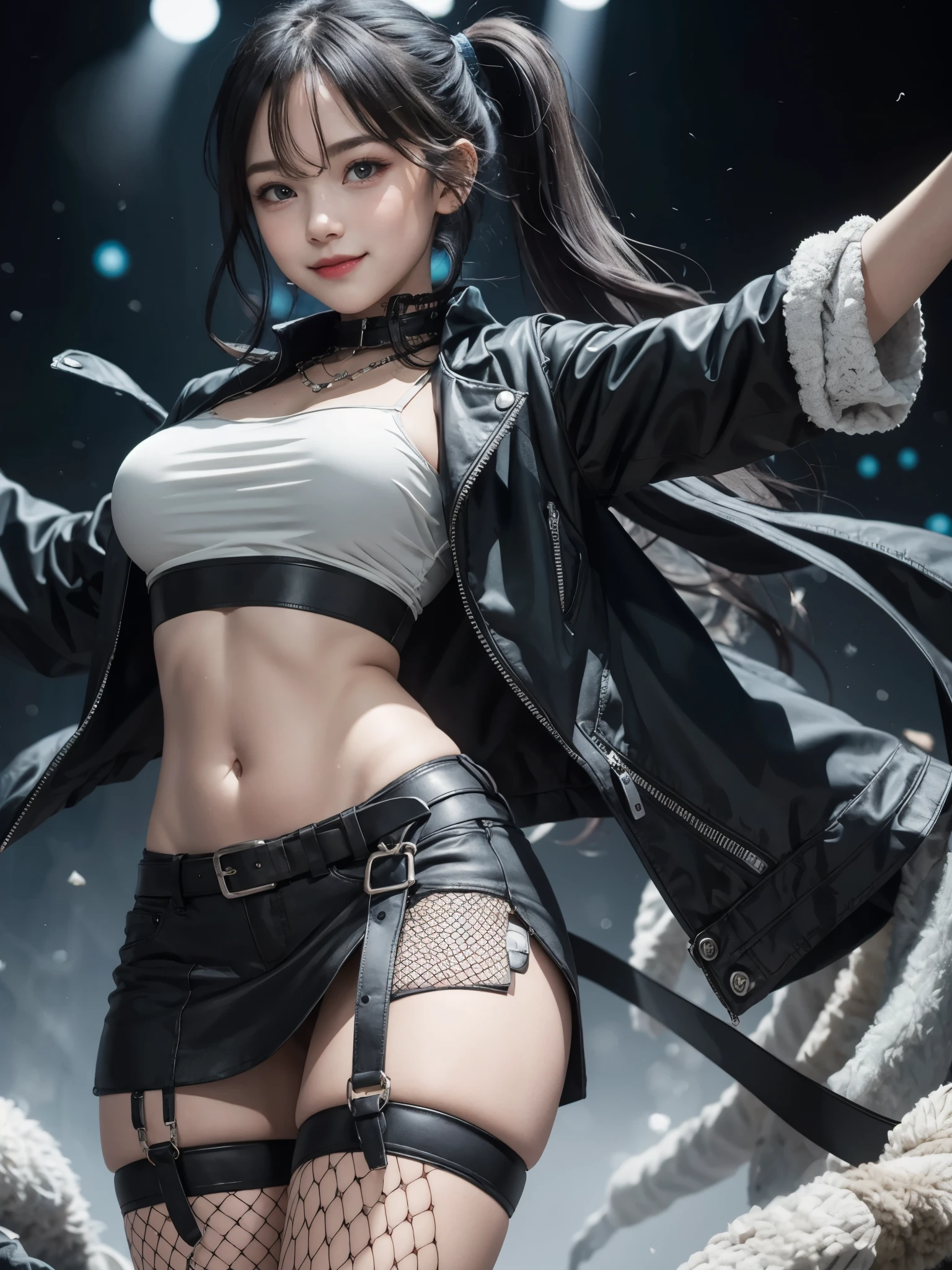 girl raised both her arms, BREAK, 1girl, medium wide shot, body tilt, raise both arms, gray worn jacket, long sleeves, white crop top, (13yo, cute:1.3), (breasts:1.2), black worn skirt, punk belt, thighs, (fishnet stocking:1.2), detailed face, looking at viewer, smirk, black hair,