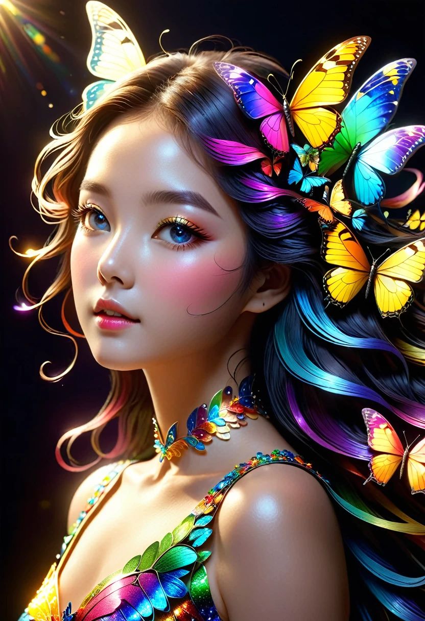 暗闇の中を羽ばたくButterfly々shine、beautiful, Like a dream、Touched my heart.,Butterfly々:Rainbow:Seven colors:Shine:shine,dark background,Flash,とてもFlash,masterpiece,最高masterpiece,The best paper,Beautiful landscape,Great,優しくshineButterfly々,politely,rendering,unreal engine,Elements of Zentalg,complex parts,politely描く,Careful,Light particles:闪闪Shine的鳞片,Butterflyの羽ばたきの軌跡がshine,rich and colorful,rich and rich and colorful,Anatomically correct,beautiful light and shadow,a secret,Fantasy,Fantasy,the art of mathematics