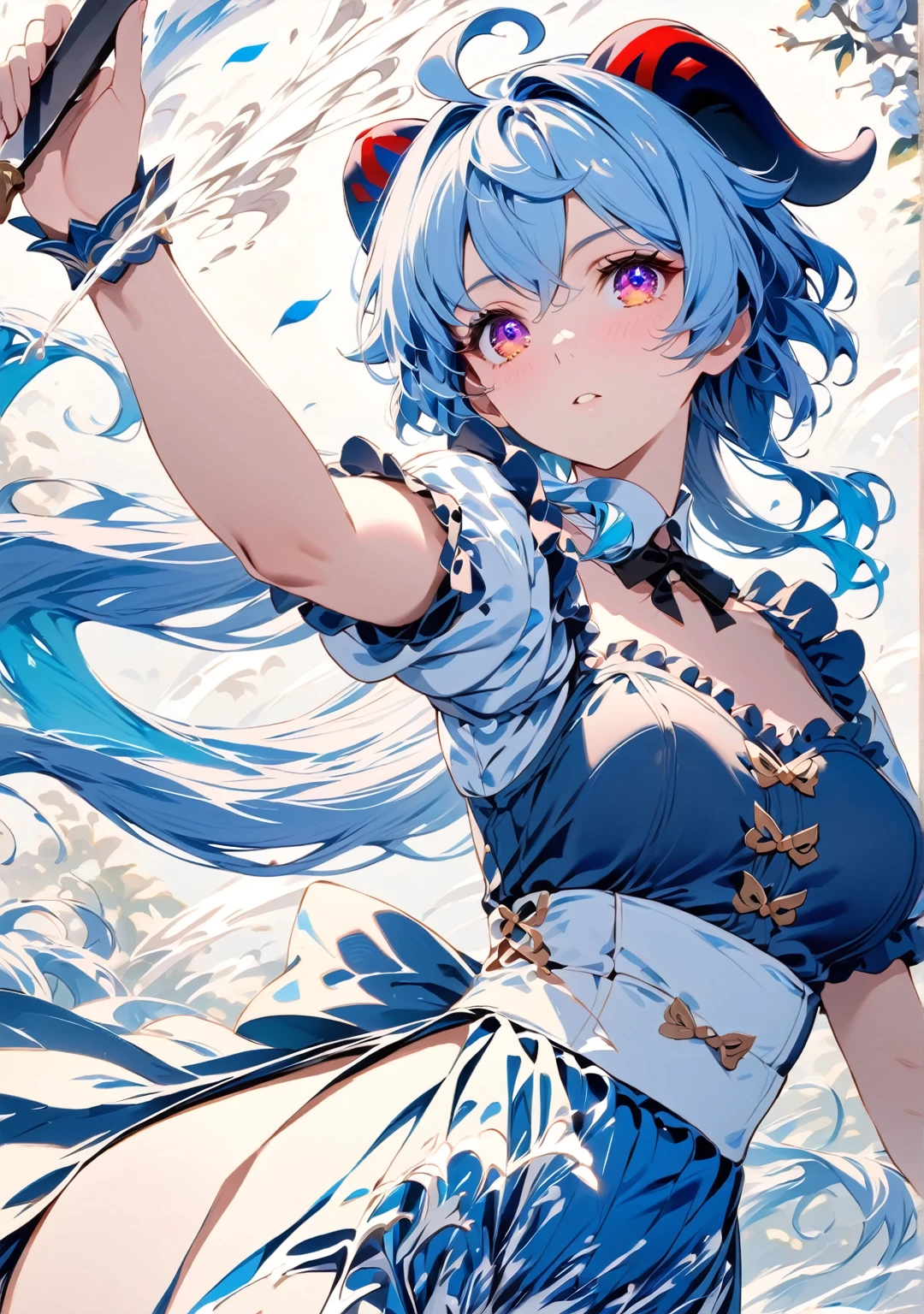 masterpiece, best quality, illustration, 1girl, solo, ganyu \(genshin impact\), Purple eyes, long hair, light blue hair that ends in shades of darker blue, long ponytail, Brownish horns with red engravings, turn backwards, alternate costume, maid headband, sharp eyes, (vivid color), light, thick smoke:1.6, (floating white ink:1.8), Cyan flame, (beautiful and clear background:1.25), (depth of field:0.7), Dreamlike, (highres:1.2), (ultra-detailed:1.2), (extremely detailed CG unity 8k wallpaper:1.2), (traditional media), (sketch:1.1), finely detailed beautiful eyes and detailed face, Knives, (flying petals:1.2), blue roses, Knifefight, dynamic colors, colorful, dynamic pose, dynamic angle, (full body:1.3), Touhou, knife, holding Knives, medium breasts, (detailed eyes), cute, beauty, HDR, 4K, nier anime style, harmony, fighting stance