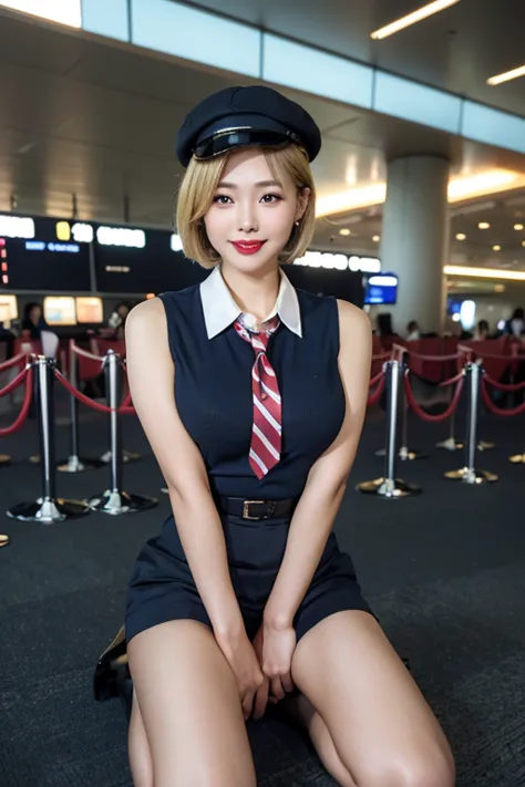 highest quality，ultra hd，(((whole body,with legs)))、(((the perfect uniform of a japanese stewardess, red striped tie, best-dress...