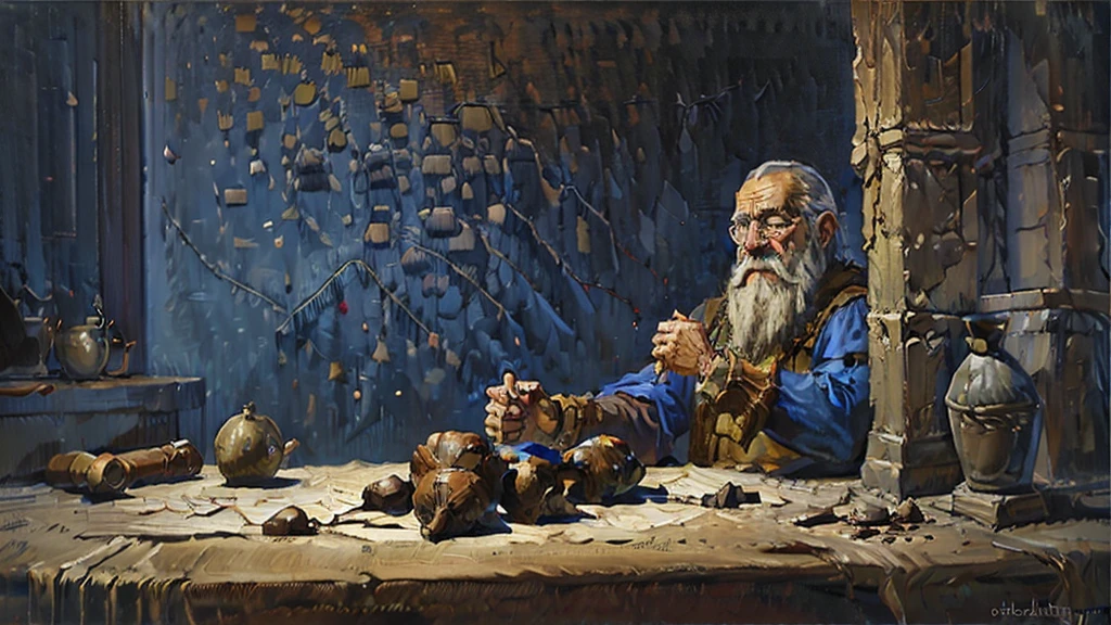 oil painting, dark room with stone bricks walls, medival fantasy interior, 1man, old man, sorcerer, dark blue clothes, gray beard