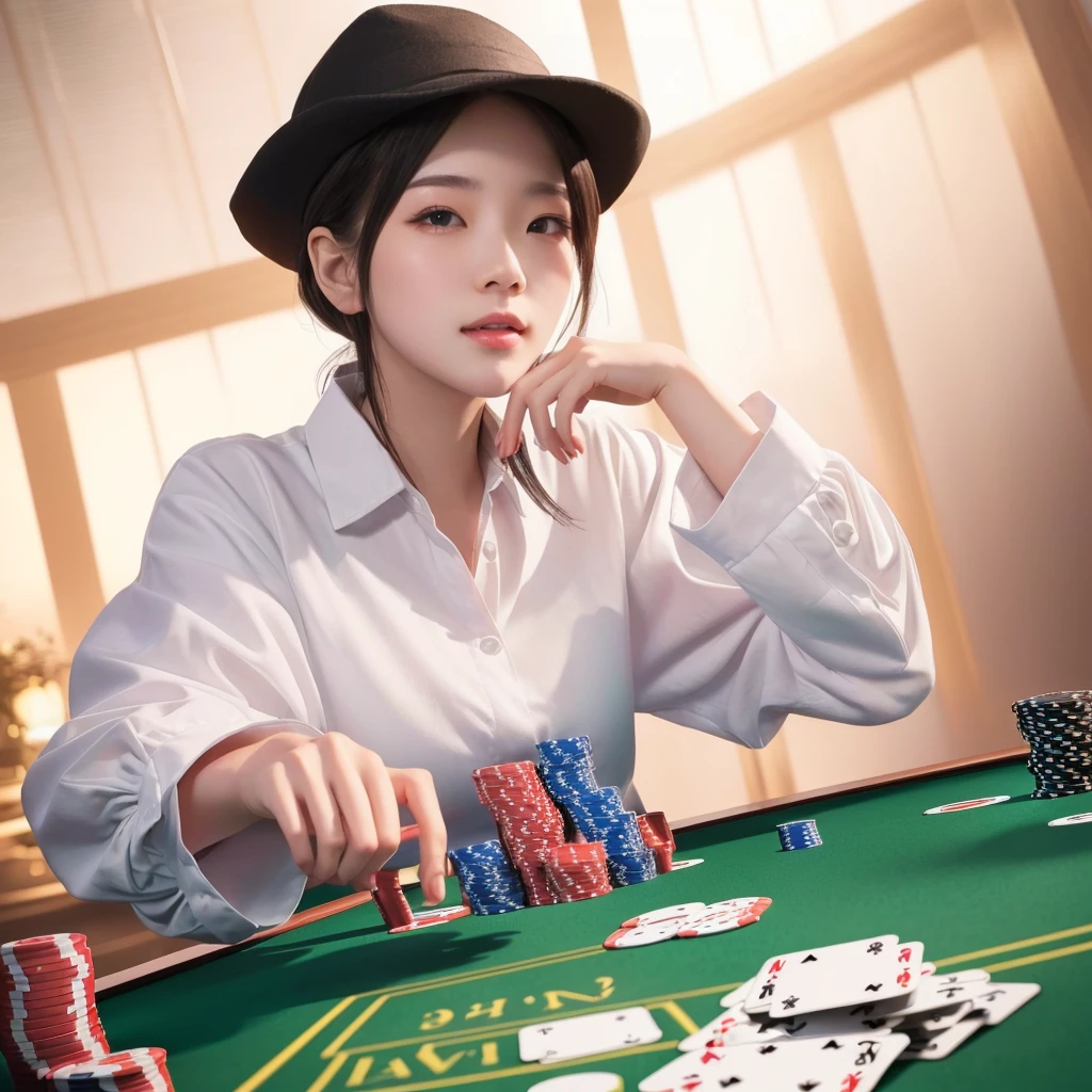 there is a woman that is playing a game of poker, card game illustration, playing poker, ross tran 8 k, 3d render senior artist, game illustration, the card player man, an oldman, detailed game art illustration, artwork in the style of guweiz, high quality portrait, stunning digital illustration, realistic art style, portrait of hide the pain harold