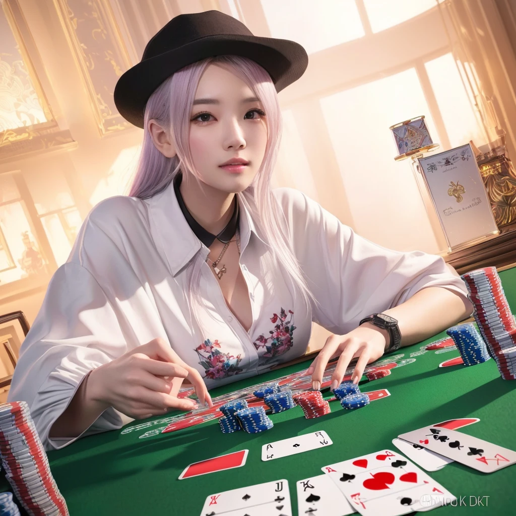 there is a woman that is playing a game of poker, card game illustration, playing poker, ross tran 8 k, 3d render senior artist, game illustration, the card player man, an oldman, detailed game art illustration, artwork in the style of guweiz, high quality portrait, stunning digital illustration, realistic art style, portrait of hide the pain harold