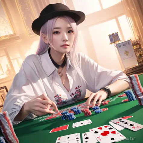 there is a woman that is playing a game of poker, card game illustration, playing poker, ross tran 8 k, 3d render senior artist,...