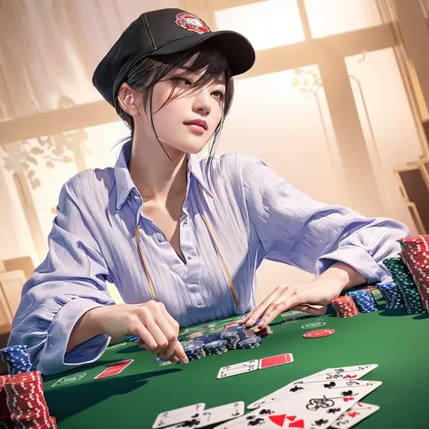 there is a woman that is playing a game of poker, card game illustration, playing poker, ross tran 8 k, 3d render senior artist,...