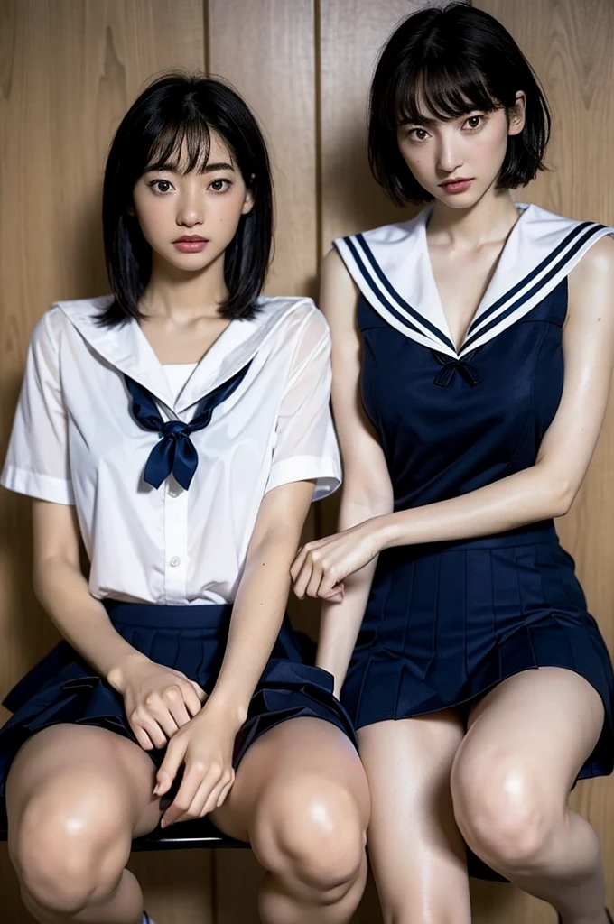 Highest quality, masterpiece, Ultra-high resolution, (Realistic:1.4), RAW Photos, One person, Black Hair, Glowing Skin, Wet body, Dramatic lighting, short hair, Straight hair, bangs, Brown Hair,Flat Chest,Slender legs、 White short-sleeved sailor suit、Navy blue pleated skirt:1.3、Sexy bra in sailor suit:1.4、Sexy string T-panty inside the skirt:1.4,See-through sailor suit:1.5