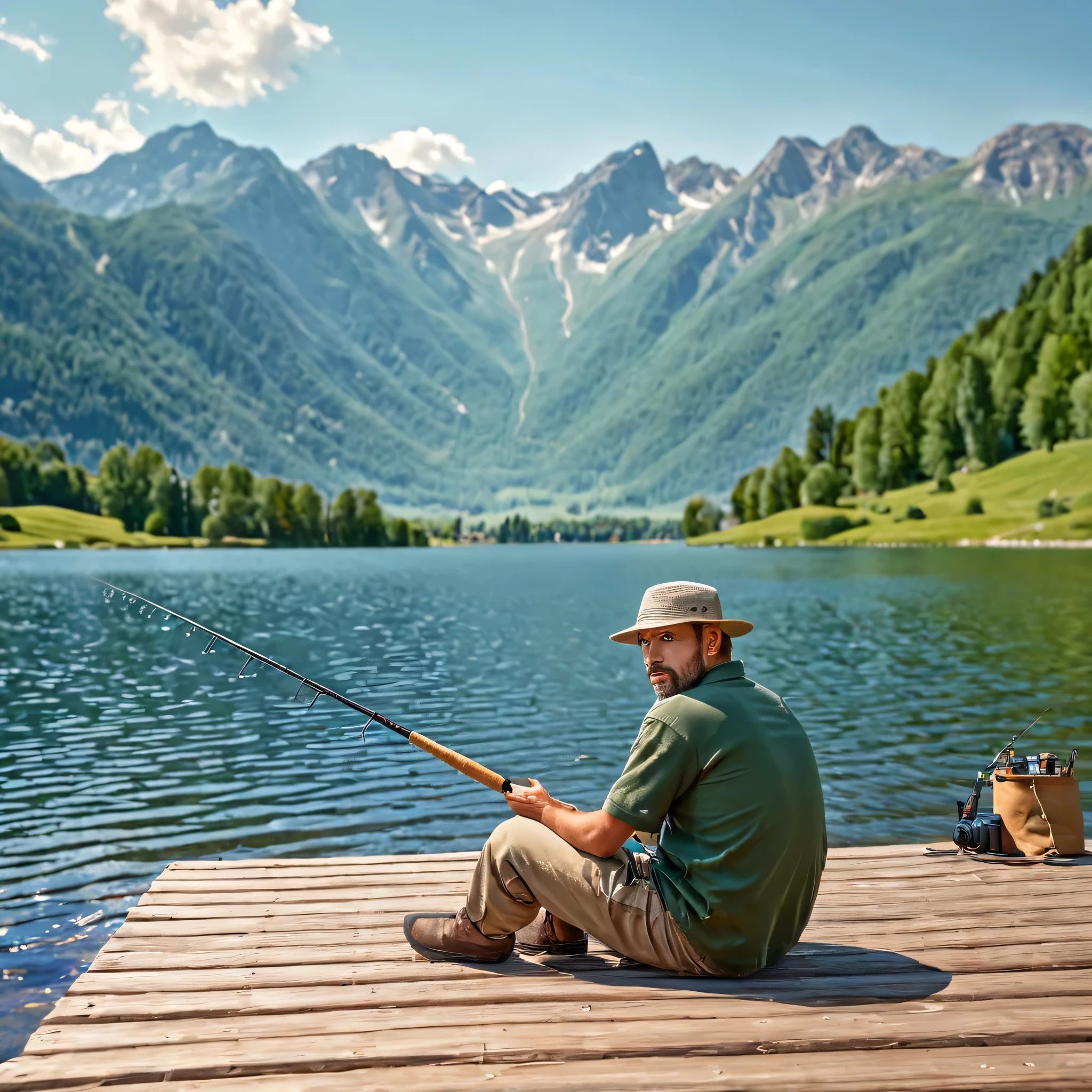 a fisherman by a lake, fishing rod in hand, sitting on a wooden dock, serene landscape, mountains in the background, beautiful detailed eyes, beautiful detailed lips, extremely detailed face, longeyelashes, realistic, photorealistic, photo-realistic:1.37, (best quality,8k,highres,masterpiece:1.2),ultra-detailed,(vivid colors,studio lighting,physically-based rendering)