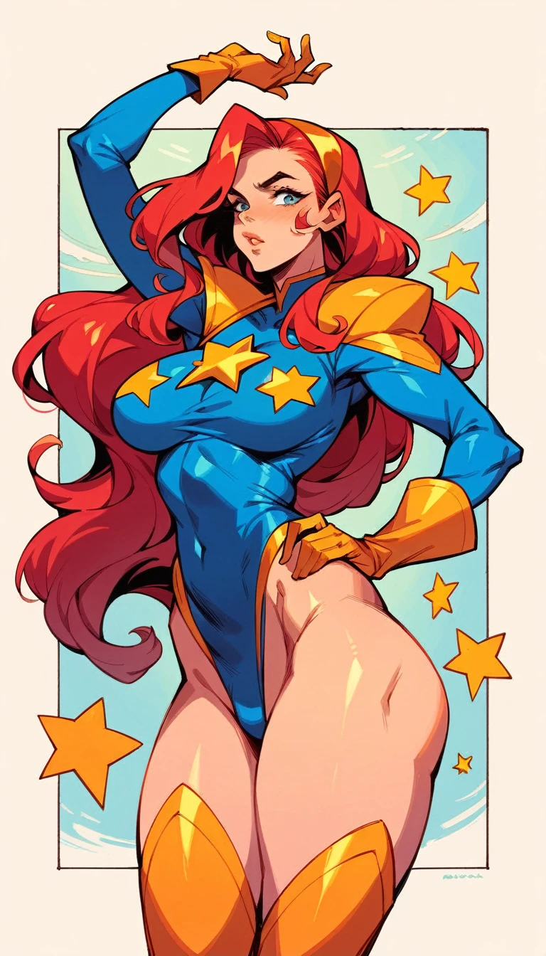 score_9, score_8_up, score_7_up, score_6_up, score_5_up, score_4_up, comic book style, Sexy, Superheroine, Red hair, long hair, busty, curvy, ((blue highleg leotard with a t-back thong and a gold star insignia on chest)), gold boots, gold gloves