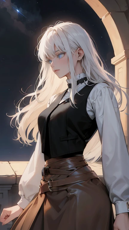 women, female, Alone, alone, by white, long loose rebellious hair, ((white pure hair)), crazy bangs, white eyebrows, white eyelashes, ((prominent blue eyes 9.0)), wearing a white shirt with a ((BLACK leather vest fitted)), Gray background, profile, character design image, high quality, 4k resolution, paint, elegant, clothing of the middle ages, noble medieval, beautiful, long brown skirt, brown cloth belt, cintura beautiful, perfect body, femenine pose, interesting, night sky, stars, ((Tight clothing, loose sleeves)), Close up eyes