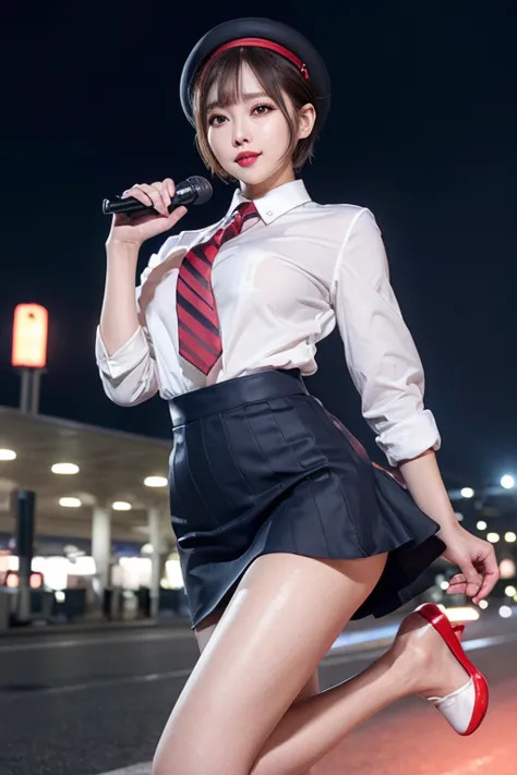 highest quality，ultra hd，(((whole body,with legs)))、(((japanese flight attendant uniform 1.6))), (((red striped tie, tight skirt...