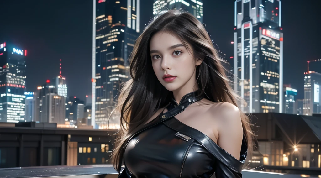 ((masterpiece, best quality, Highest image quality, high resolution, Reality, RAW photos, 8K)), Bustling future city night scene，Girl standing on the roof，Tight leather jacket，Off-shoulder，Large Breasts，Long hair，Pretty face，Closed mouth，dramatic，Upper Body，（midnight）