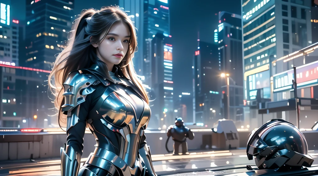 ((masterpiece, best quality, Highest image quality, high resolution, Reality, RAW photos, 8K)), Bustling future city night scene，Girl standing on the roof，Hollow armor battle suit，Off-shoulder，Large Breasts，Long hair，Pretty face，Closed mouth，dramatic，Upper Body，（midnight）