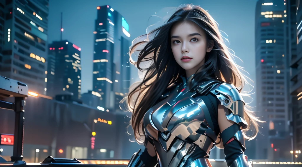 ((masterpiece, best quality, Highest image quality, high resolution, Reality, RAW photos, 8K)), Bustling future city night scene，Girl standing on the roof，Hollow armor battle suit，Off-shoulder，Large Breasts，Long hair，Pretty face，Closed mouth，dramatic，Upper Body，（midnight）