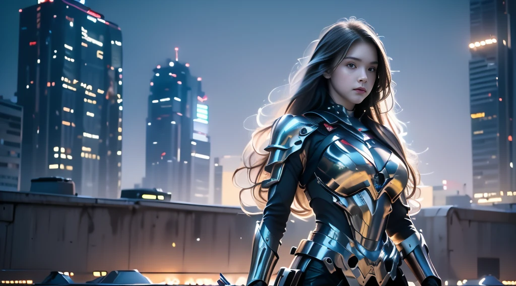 ((masterpiece, best quality, Highest image quality, high resolution, Reality, RAW photos, 8K)), Bustling future city night scene，Girl standing on the roof，Hollow armor battle suit，Off-shoulder，Large Breasts，Long hair，Pretty face，Closed mouth，dramatic，Upper Body，（midnight）