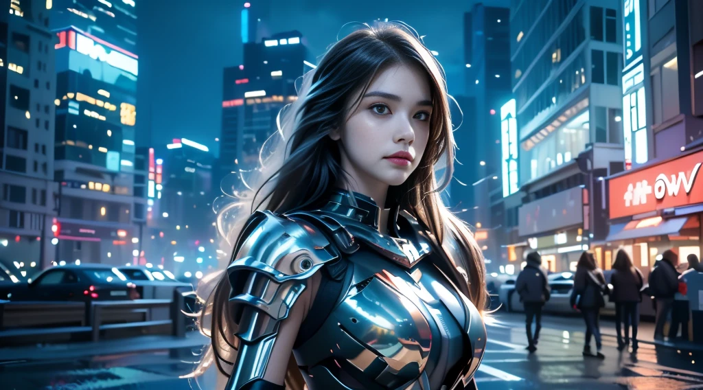 ((masterpiece, best quality, Highest image quality, high resolution, Reality, RAW photos, 8K)), Bustling future city night scene，Girl standing on the roof，Hollow armor battle suit，Off-shoulder，Large Breasts，Long hair，Pretty face，Closed mouth，dramatic，Upper Body，（midnight）