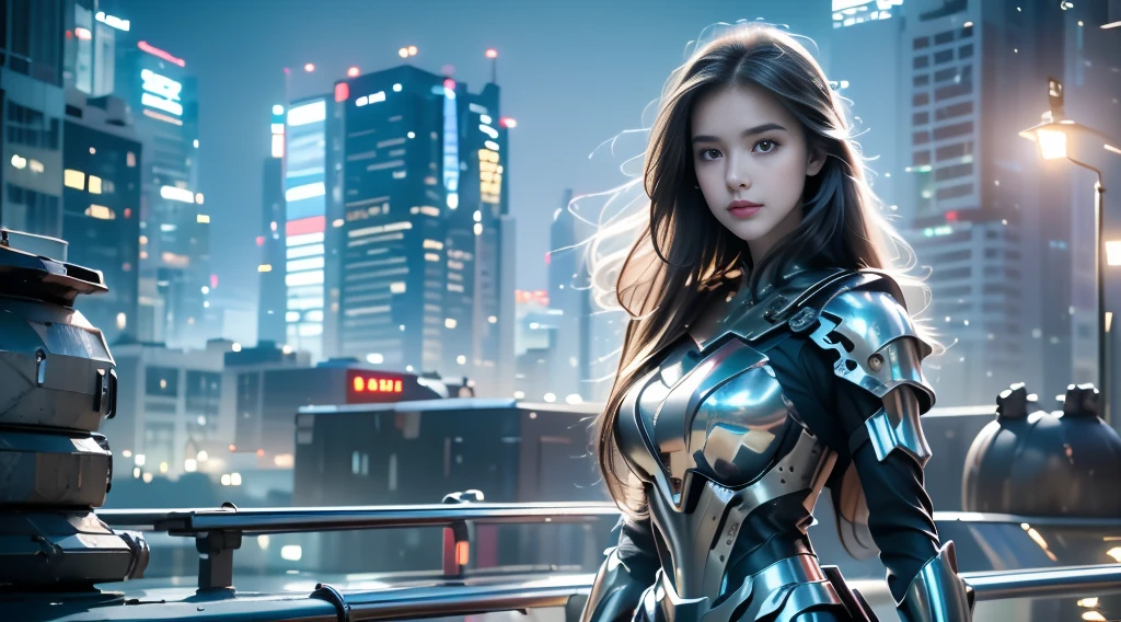 ((masterpiece, best quality, Highest image quality, high resolution, Reality, RAW photos, 8K)), Bustling future city night scene，Girl standing on the roof，Hollow armor battle suit，Off-shoulder，Large Breasts，Long hair，Pretty face，Closed mouth，dramatic，Upper Body，（midnight）