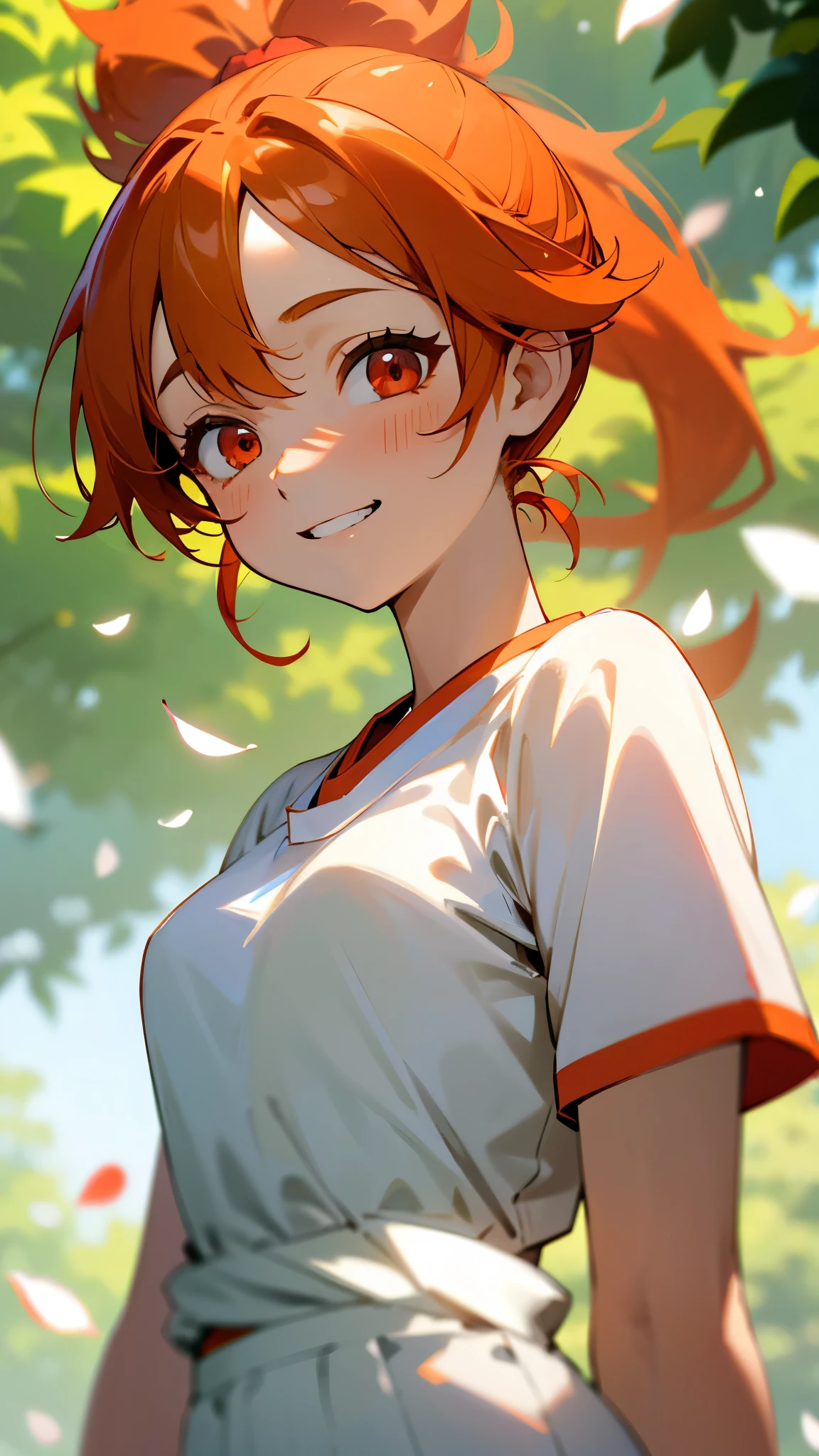 1 Girl、Orange Hair、ponytail、Beautiful red eyes、Ukiuki、Grin、White T-shirt with ethnic pattern、White shorts、1 beautiful and delicate portrait、The background scenery is a garden where petals are scattering.、Soft lighting、Upper body close-up