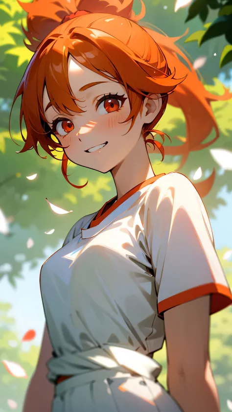 1 girl、orange hair、ponytail、beautiful red eyes、ukiuki、grin、white t-shirt with ethnic pattern、white shorts、1 beautiful and delica...