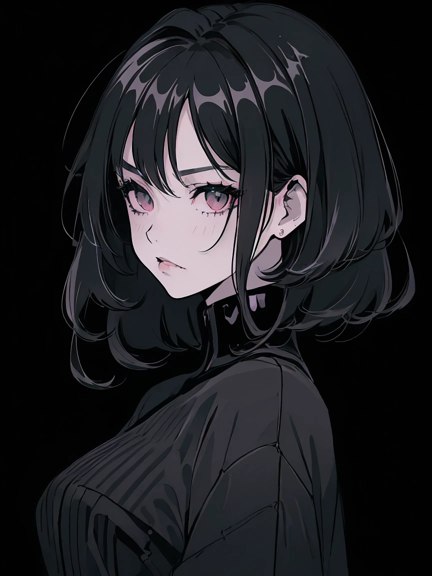 (best quality, sketch:1.2),realistic,illustrator,anime,1 girl, detailed lips, black dress,custom, (background dark monochrome),neon hair,textured cropping, masterpiece, style retro classic, noir dark, art, sketch book, (bob hair black:1.75 neon:1.32), bad women , dark monochrome background, dark fantasy, pensil manga art style