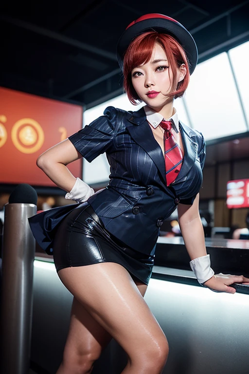 Highest quality，Ultra HD，(((whole body,With legs)))、(((Japanese flight attendant uniform 1.6))), (((Red striped tie, Tight Skirt，best-dressed uniform、Tekast, white formal short gloves,(黒のHigh heels), ((holding a mini microphone)),Japanese CA，A small smile,白いTight blouse)))、((navy bowler hat 1.4)), White gloves, High heels、(Photorealistic:1.4)、(Surreal:1.4)、(Realistic:1.3)、 (Gentle lighting: 1.05)、32K、 One Woman、35-year-old woman、Photorealistic Lighting、Backlight、Facial Light、Ray Tracing、(bright:1.2)、(Improvement of quality:1.4)、 (Highest qualityのリアルテクスチャスキン)、Beautiful Eyes,delicate and elegant features, White blouse,Tight blouse,tight best-dressed uniform, (Enhance your body line:1.1),((Glowing Skin 1.4))、((Short bob with red hair 1.5)),Korean Idol、Idol Pose、A small smile,blush,Beautiful actress、A proper woman,whole body, (((Small and beautiful breasts))),(Perfect teeth alignment),narrow waist and hips,Beautiful legs,Full Shot)、(((Charm、Embarrassing))),(eye shadow),((Red cheeks、Red lips)),Very beautiful night view、At night,A small smile,(((Full Shot)))、(((airport terminal background 1.5))),