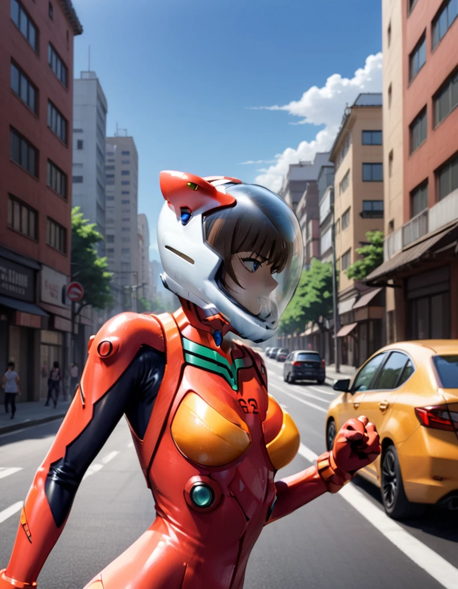 plugsuit, red bodysuit,evangelion,red helmet, space helme, short hair, walk,,asuka langley soryu,hort hair, bangs, blue eyes, brown hair, bodysuit, pilot suit, plugsuit, (red bodysuit:1.5, space helmet, cat ears, city, road,  fighting stance,  girl,   running, 1girl, solo, from side, red helmet,sweaty,clenched teeth,