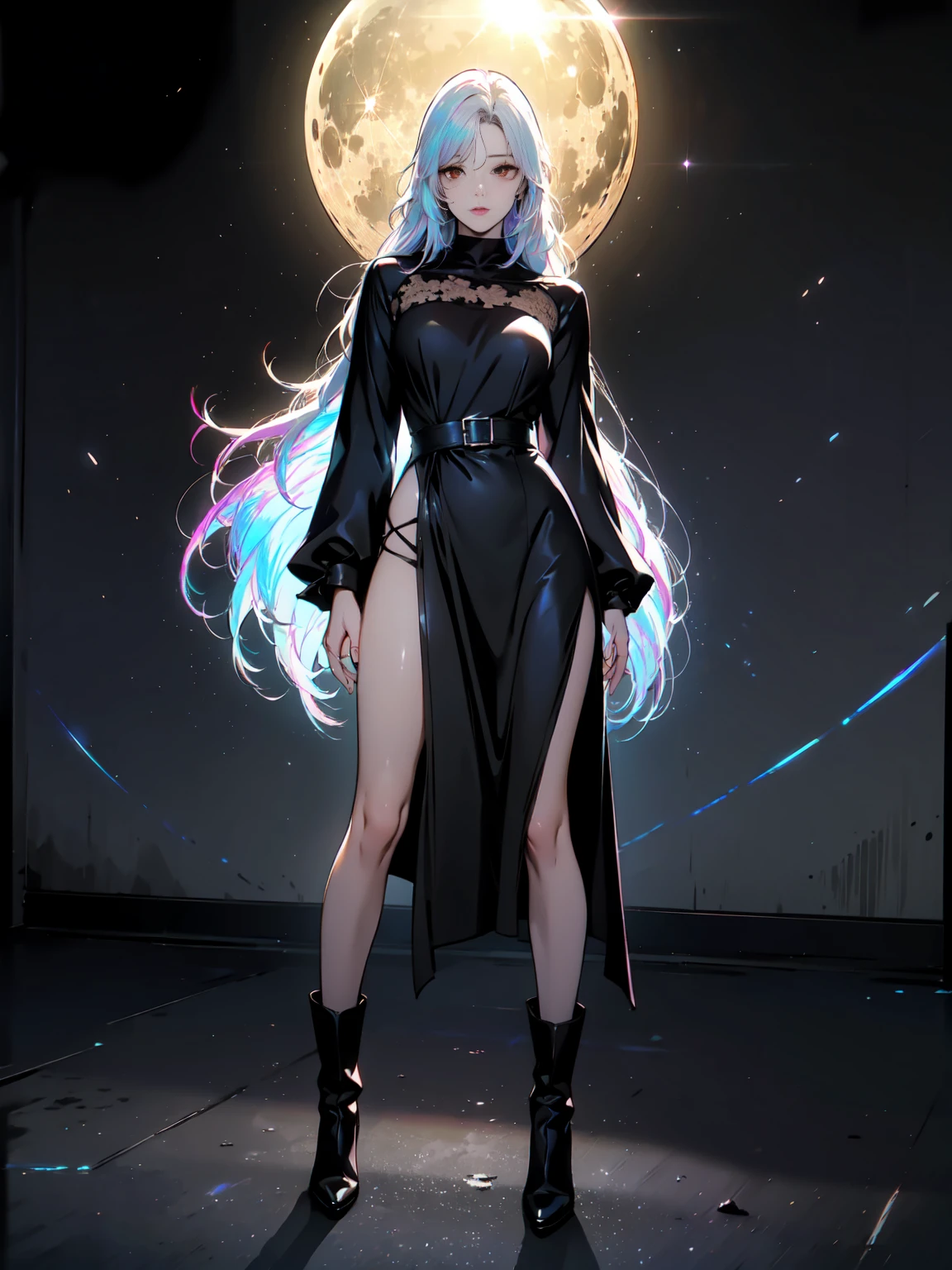 Girl with long white hair down to her waist, with small red details, red eyes, long black dress with a leg slit, with red details, long black boots up to below the knees, white skin, the ground around her is cracking and small stones are floating around her surrounded by a black aura, she is surrounded by shadows, and the background is dark like the night with the universe and stars, her presence causes fear, her shadow appears to be a monster, 8k, high quality, full body, (ultra-realistic), {extremely detailed 8k CG unit wallpaper}, expansive landscape photograph, (light: 2.0), (warm light source: 1.5), complex details, (iridescent colors: 1.5), (bright lighting), (atmospheric lighting), surreal, impressive, fantasy, (Solo: 1.2), White moon