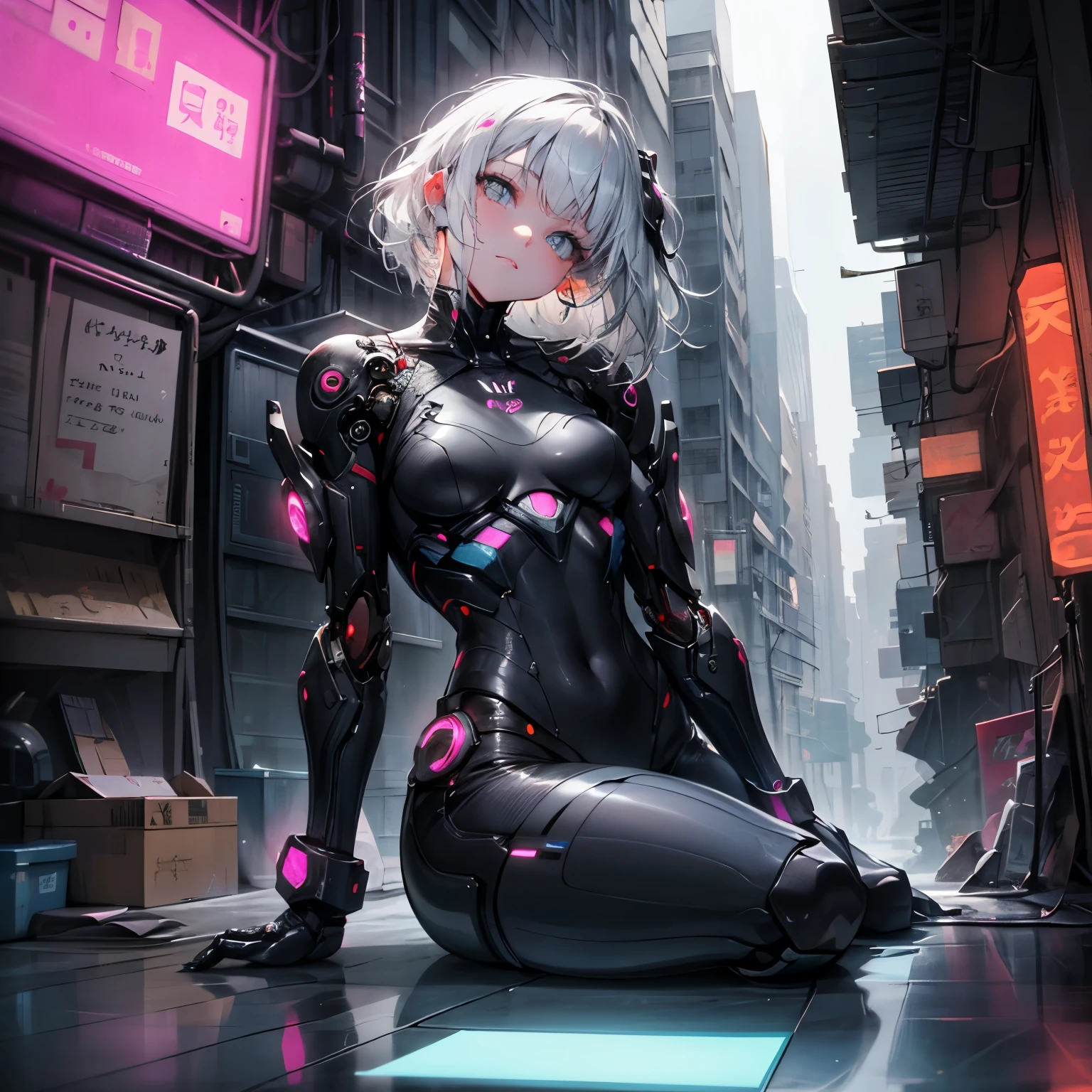 {{{masterpiece}}}, {{{best quality}}}, {{ultra-detailed}}, {{an extremely delicate and beautiful}}, NeG, NA, cyberpunk, cyber city, head tilt, robot arms, robort, neon, mechanical arms, night, weapon, girl, silver hair,floor, 