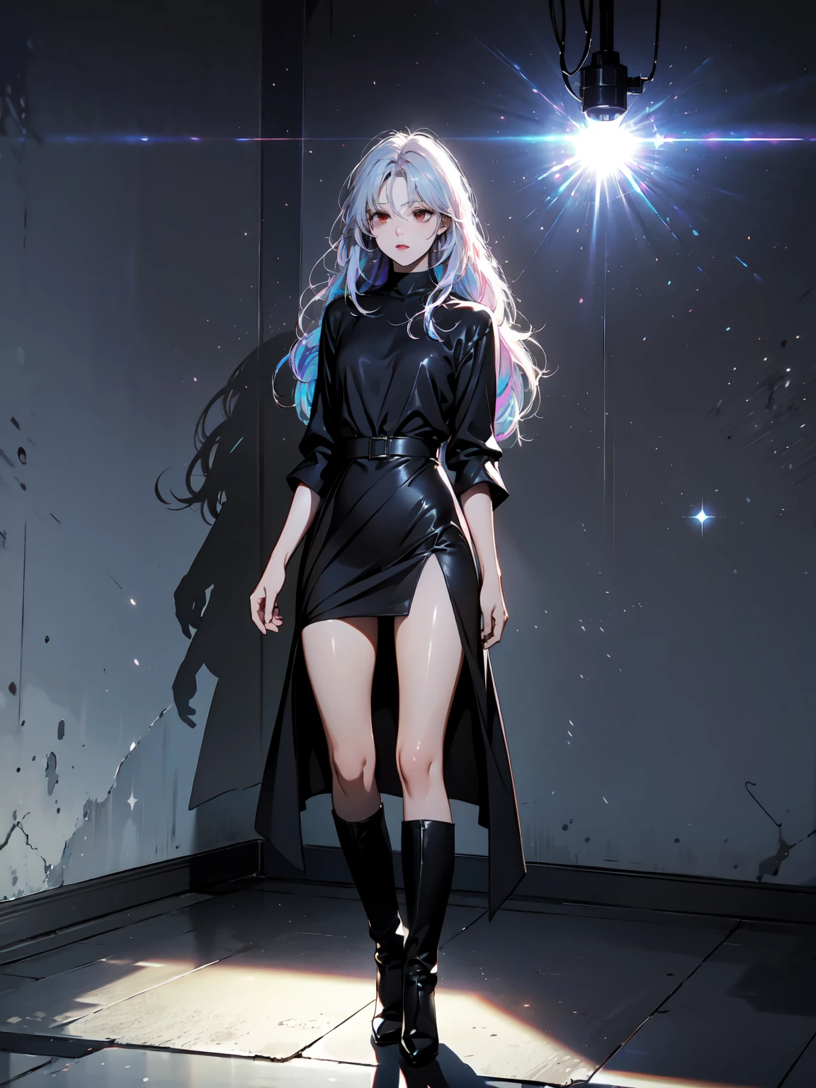 Girl with long white hair down to her waist, with small red details, red eyes, long black dress with a leg slit, with red details, long black boots up to below the knees, white skin, the ground around her is cracking and small stones are floating around her surrounded by a black aura, she is surrounded by shadows, and the background is dark like the night with the universe and stars, her presence causes fear, her shadow appears to be a monster, 8k, high quality, full body, (ultra-realistic), {extremely detailed 8k CG unit wallpaper}, expansive landscape photograph, (light: 2.0), (warm light source: 1.5), complex details, (iridescent colors: 1.5), (bright lighting), (atmospheric lighting), surreal, impressive, fantasy, (Solo: 1.2), White moon