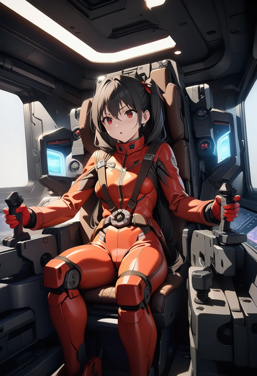 High quality, super detailed,4K,beautiful girl.long hair.Twintails. Red eyes.Black hair.Red pilot suit, surprised, Gundam Wing Cockpit,Joystick,Seat belt,Sitting, masterpiece, Highest quality, Super detailed, High resolution,4K,(Very detailed:1.4) (figure:0.5), (Ray Tracing,:0.8),(Anime Color:0.7),(AI-generated:0.5)