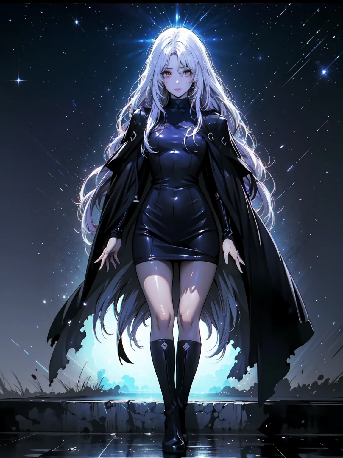 Girl with long white hair down to her waist, with small red details, red eyes, long black dress with a leg slit, with red details, long black boots up to below the knees, white skin, the ground around her is cracking and small stones are floating around her surrounded by a black aura, she is surrounded by shadows, and the background is dark like the night with the universe and stars, her presence causes fear, her shadow appears to be a monster, 8k, high quality, full body, (ultra-realistic), {extremely detailed 8k CG unit wallpaper}, expansive landscape photograph, (light: 2.0), (warm light source: 1.5), complex details, (iridescent colors: 1.5), (bright lighting), (atmospheric lighting), surreal, impressive, fantasy, (Solo: 1.2), White moon