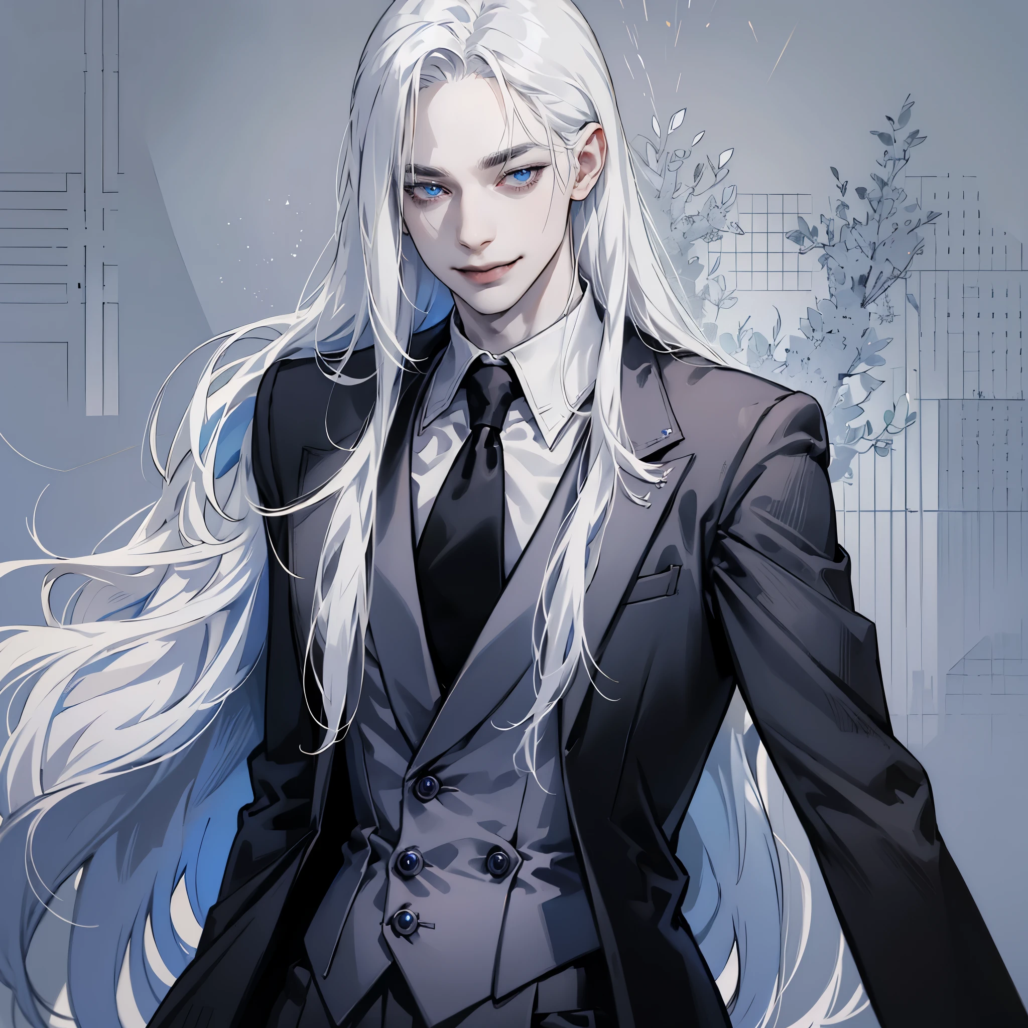 Man with long white hair, pale skin, grey-blue eyes, long dark gray coat, white shirt, black gloves, black pant, black vest, black necktie, Sadistic smile, white porcelain mask in hands, Plain background